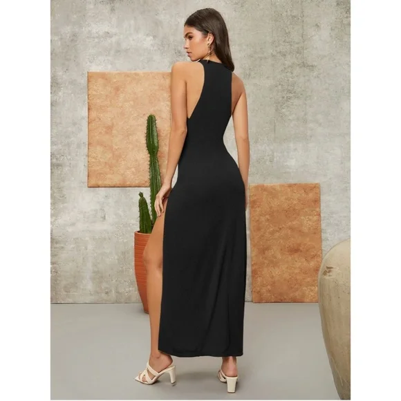 Tie Front Black Dress Maxi Length Thigh Slit - Picture 2 of 7